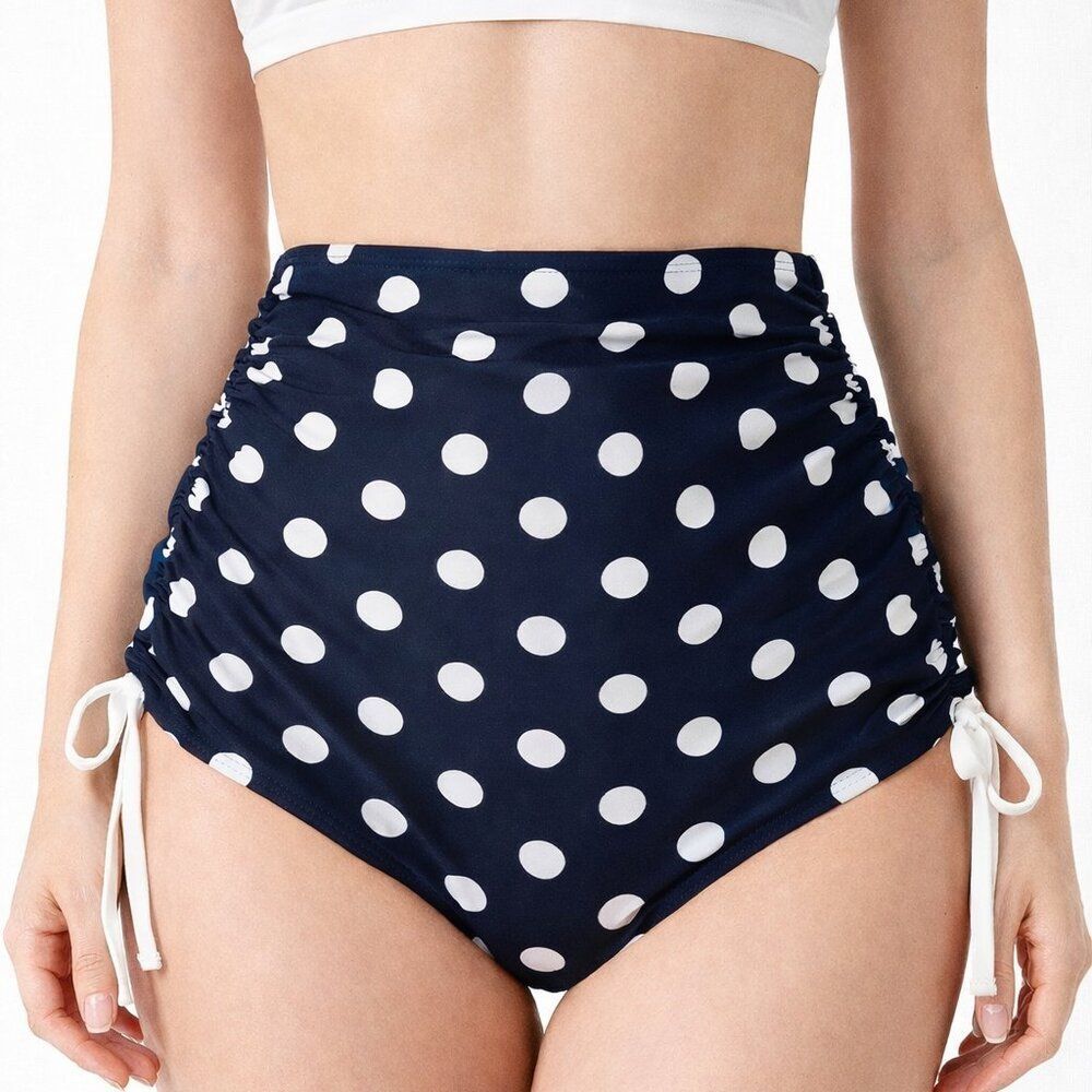 Unique Vintage Navy & White Polka Dot High-Waisted Side Ties Swim Bottoms – S